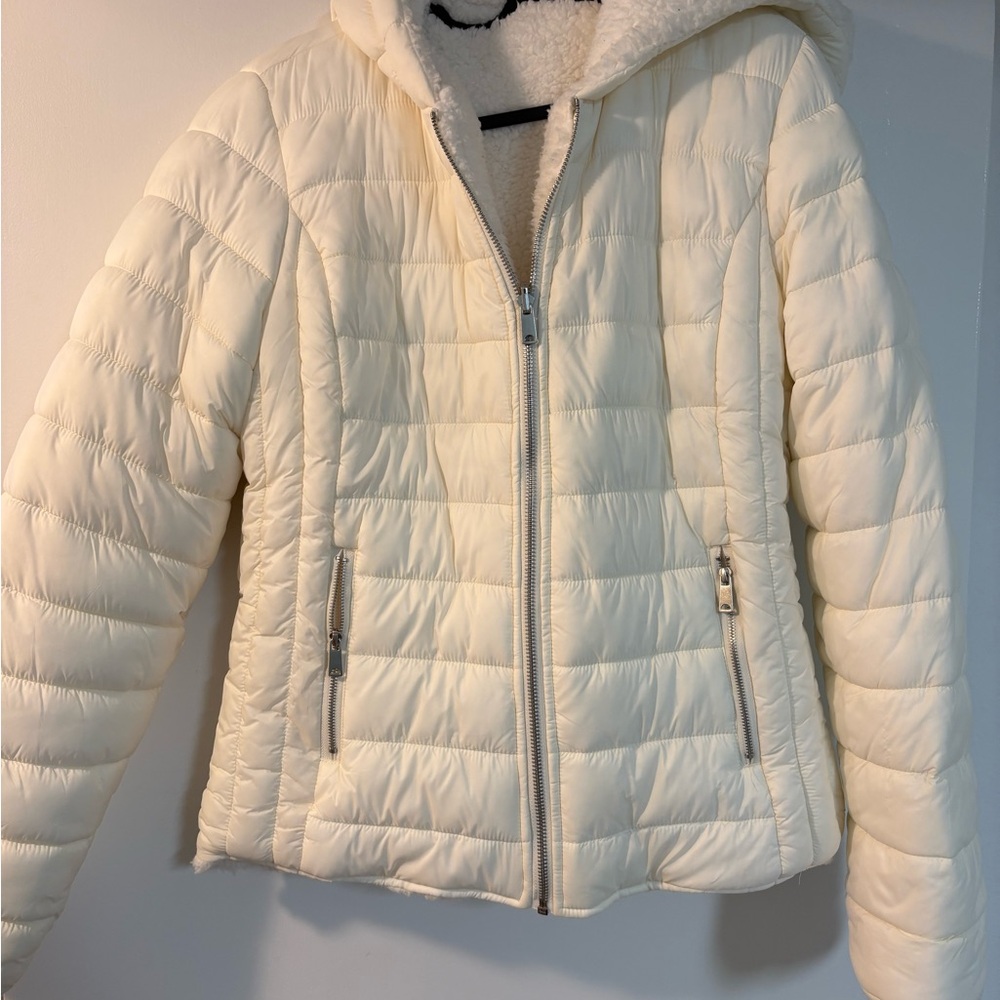 Cream Puffer Jacket with Hood